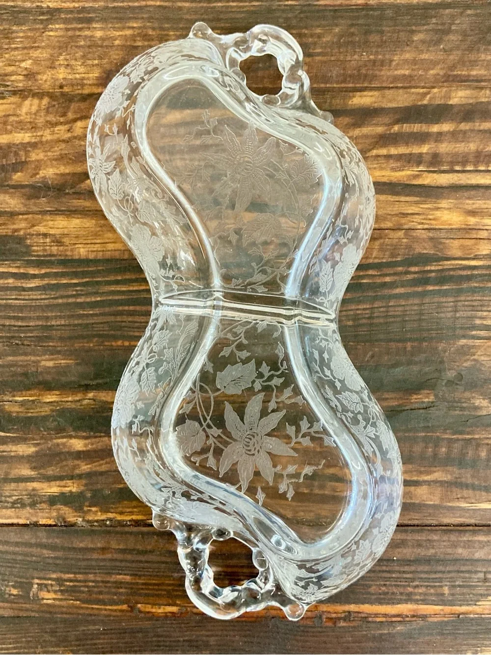 Clear Glass Wildflower Etched Glass Relish Dish Cottage Core 2 Section